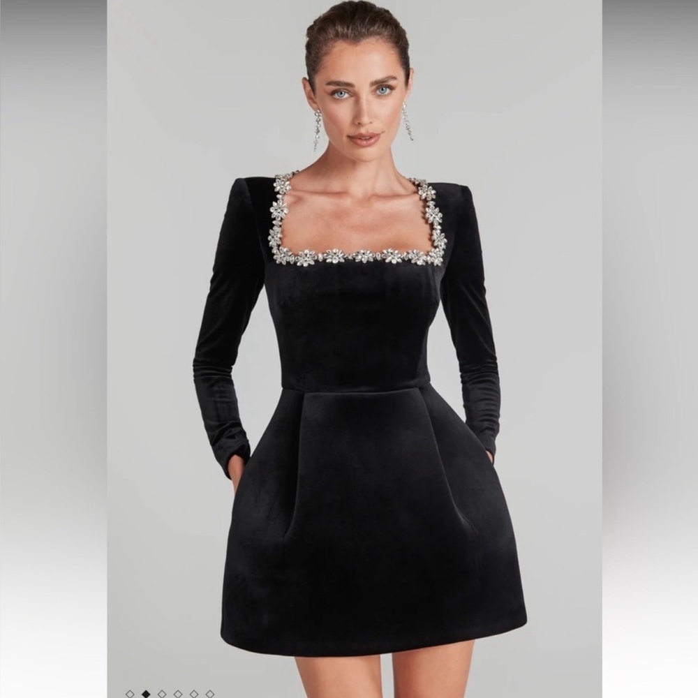 Elegant Black Velvet Embellished Dress with Floral Accents with pockets.